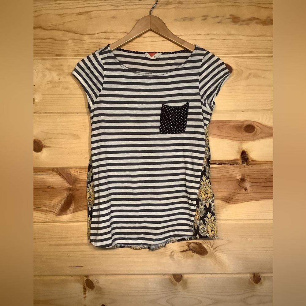 Anthropologie Striped Short Sleeve Tee - Blue, White, Yellow Size XS